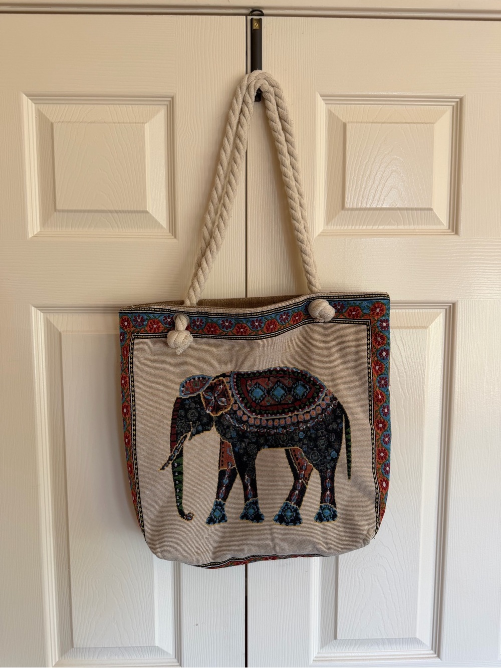 Boho Embroidered Elephant Canvas Tote Bag